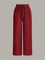 3pcs Elegant Wide-Leg Pants - Solid Color Lightweight Summer Trousers with Wide Leg Opening & Drawstring Waist, Machine Washable Non-Stretch for Casual, Office, Semi-Formal Wear (3pcs) - Black+wine Red+white