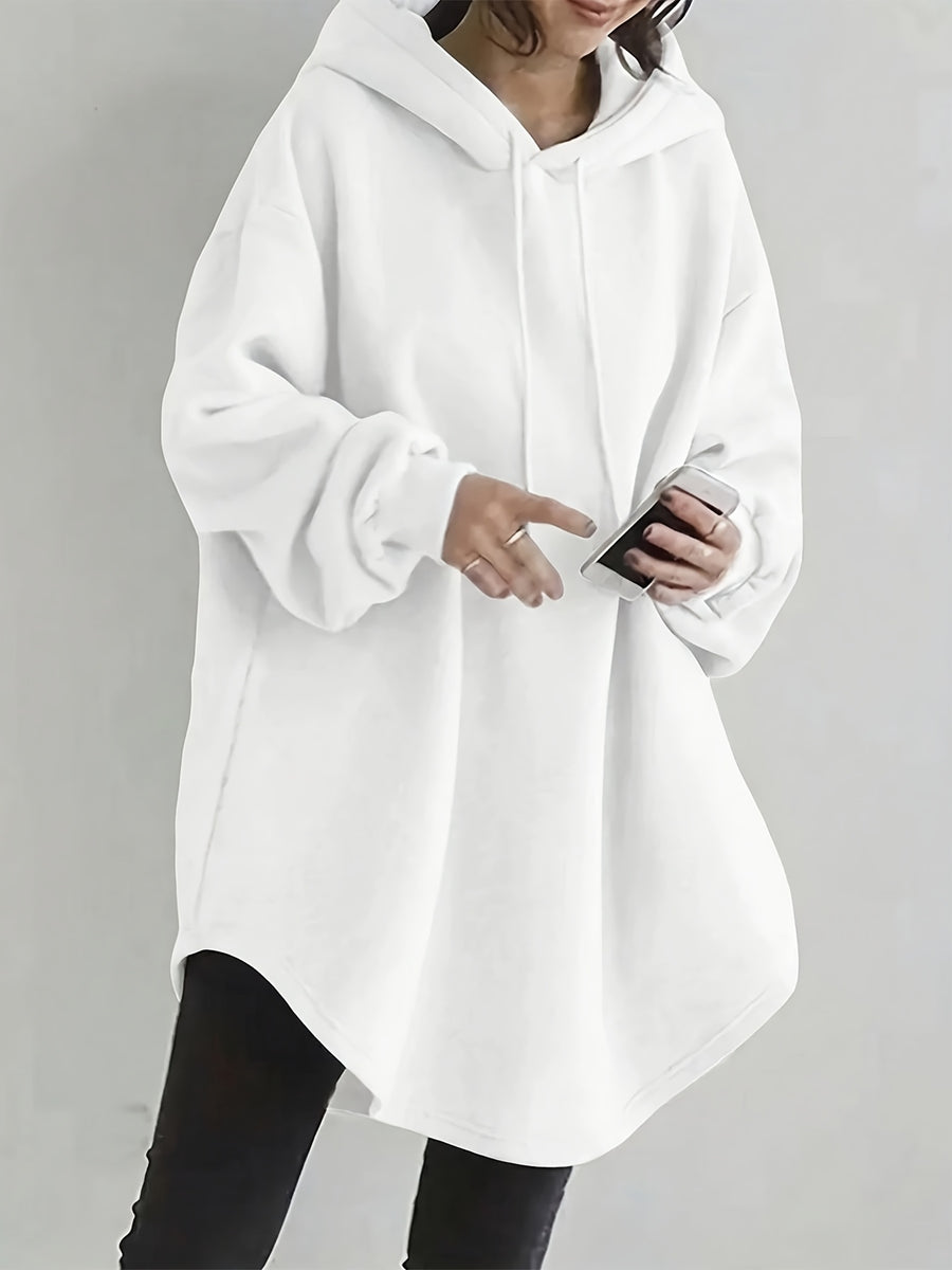 Women'S Solid Shoulder-Lower Long Sleeve Loose sweatshirt with Drawstring - White