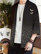 2026 Gradient Color Crane Print Cardigan Men'S Retro Feel And Design Sense Southeast Asia Kimono - Black