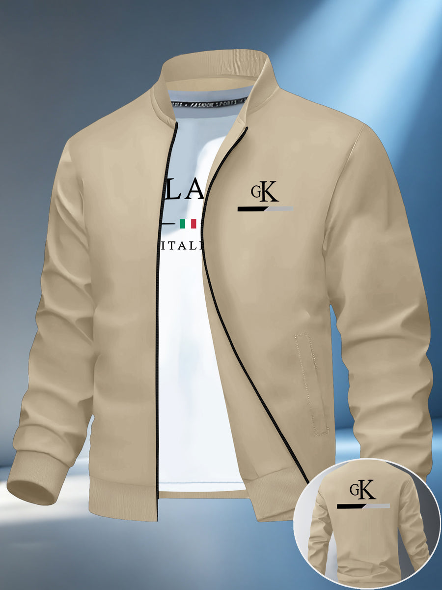 Men'S Trendy Business Style Baseball Collar Jacket, Retro Pinstripe Double Letter Line Print, Drapey Wrinkle-Resistant Coat, Autumn/Winter Commute And Outing Wear - Khaki