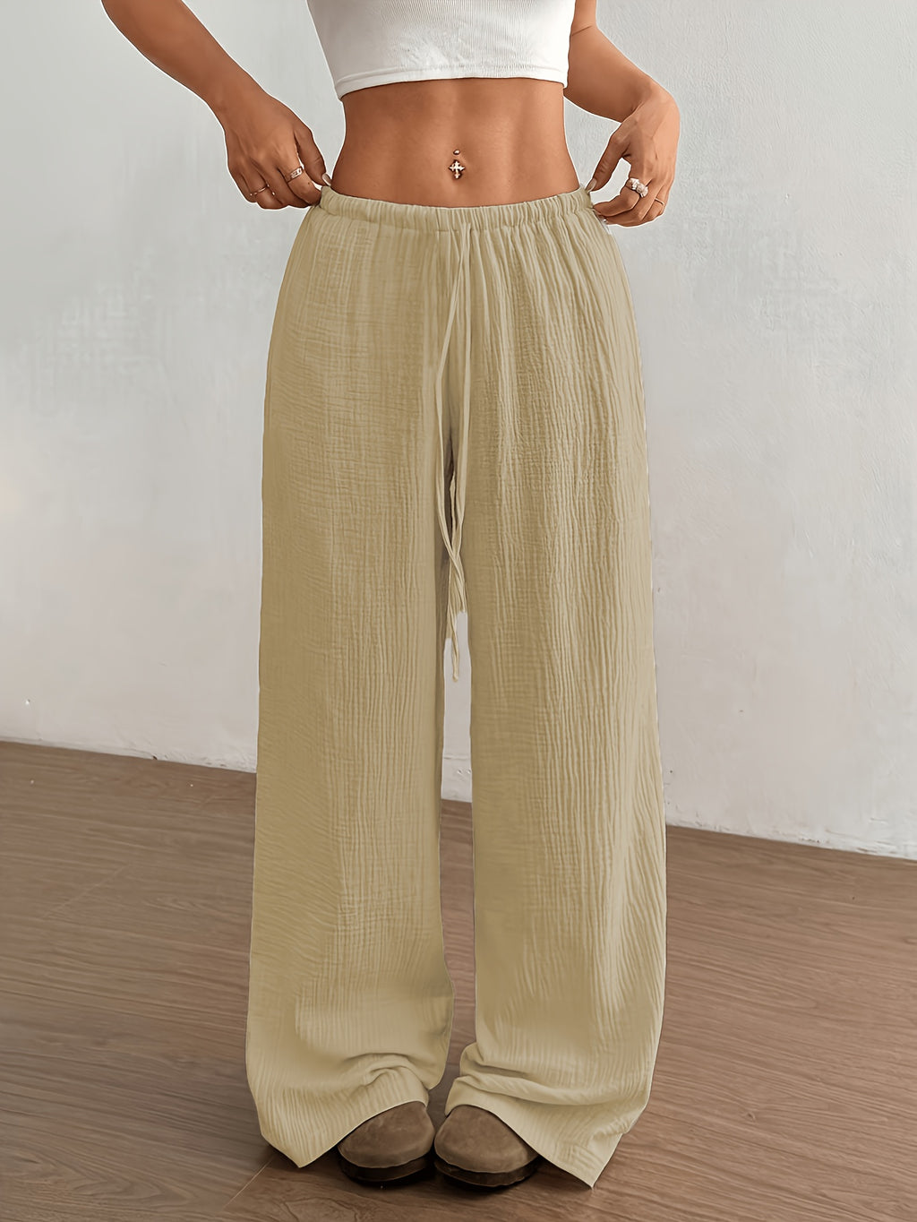 HMY Relaxed Style Pleated Wide-Leg Pants, High-Waisted Breathable Long Pants for Home or Outdoor Wear + Tala - Apricot