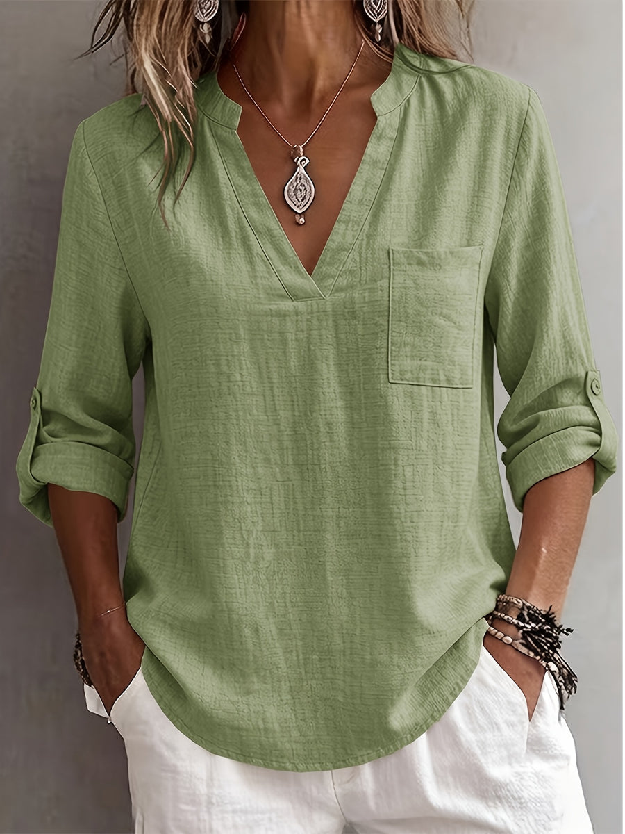 Women'S V-Neck Short Sleeve Shirt, Universal Casual Blouse Top - Matcha Color