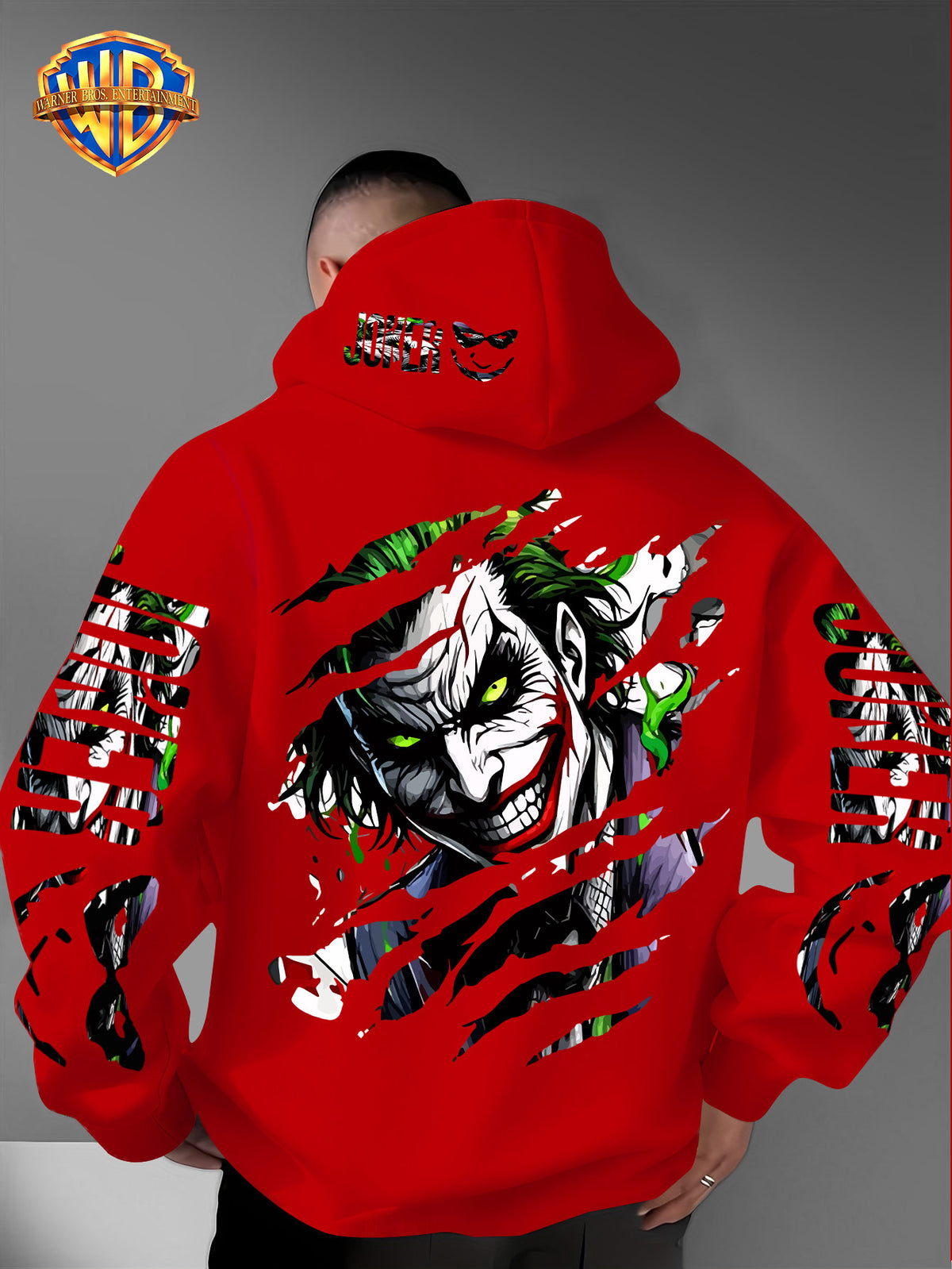 WB Men's Joker Print Hooded - Warner Bros. Official & Iconic Joker Design, Loose Fit Hoodie with Hooded Pullover, Machine Washable Streetwear for Fall/Winter Casual Wear Suitable for Autumn and Winter Warmth - Red