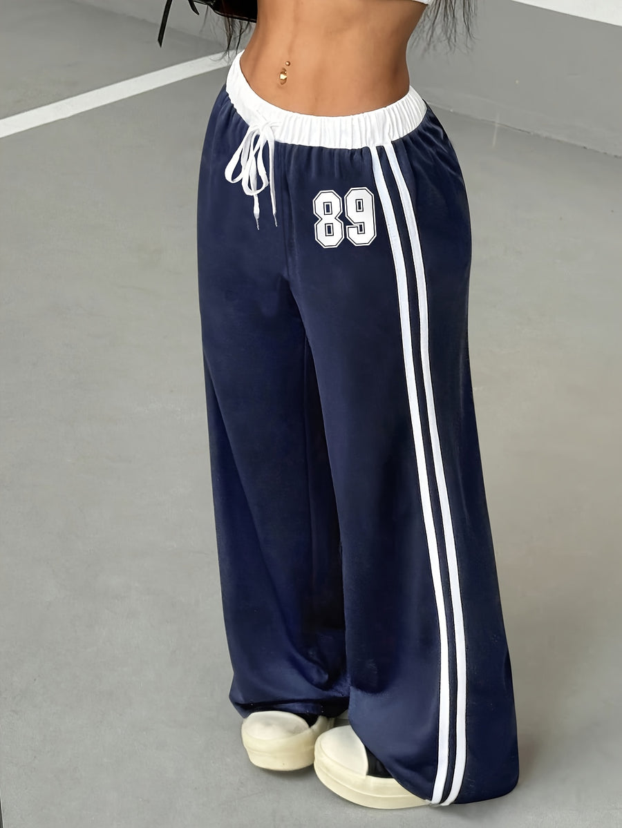 Women'S Athletic Spring/Summer Digital Print Belt Patchwork Casual Athletic Street Retro Style Loose Athletic Pants - Navy Color