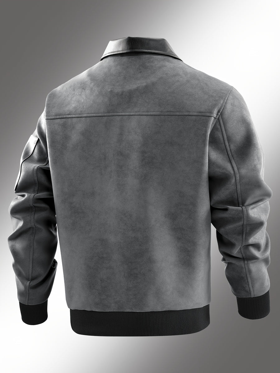 Men'S Color-Block Workwear Pilot Jacket, Lapel Multi-Pocket Zip-Up Autumn And Winter Casual Jacket, Suitable for Daily Work Scenarios - Grey