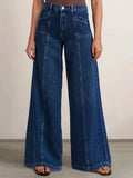 Women's Dark Blue High-Waisted Loose Wide-Leg Jeans with Fashionable Design Pockets - Blue