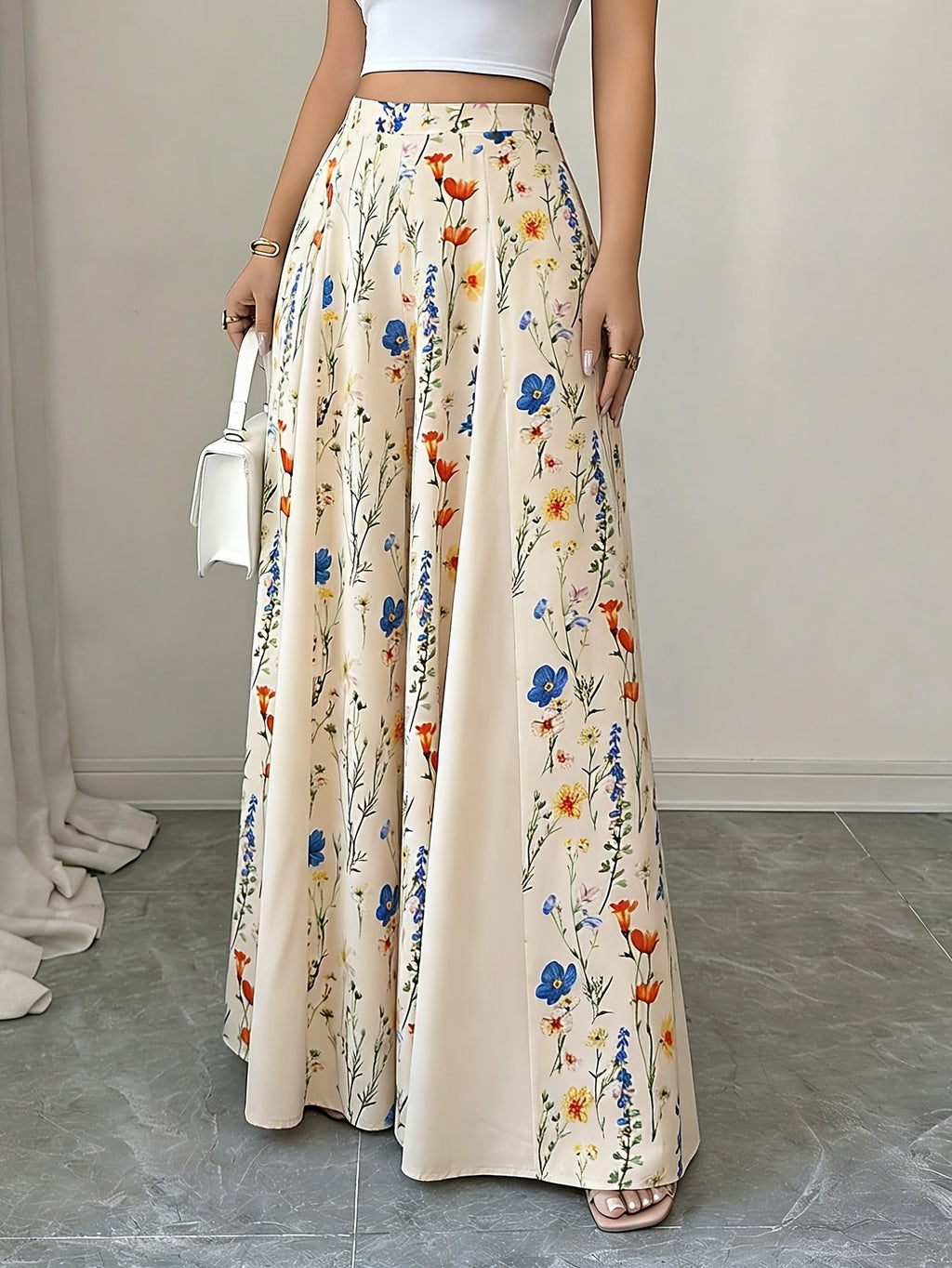 Elegant Printed A-line Skirt-pants for Women, Suitable for Spring and Summer Outings, Vacations, and Commuting - Apricot