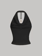 White Halter Neck Strapless Tank Top, Women's Solid Color Sexy Sleeveless Outerwear Top - Black