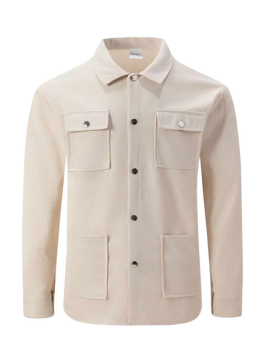 Mens Textured Waffle Shacket Collar Button Front Multi Pocket Long Sleeve Outerwear Top - Khaki