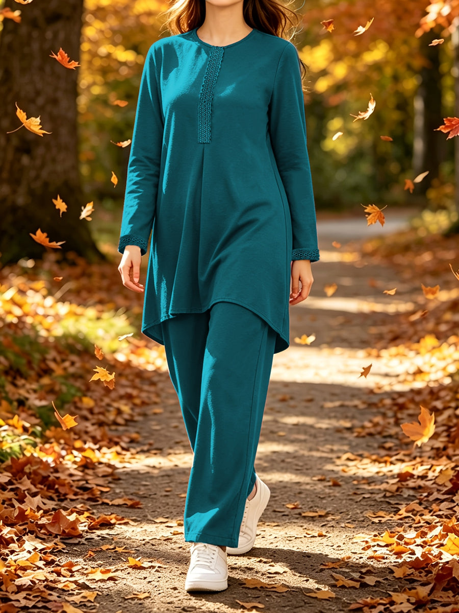 Ramadan Elegant Ladies Set Abaya Dress And Pants Solid Color Round Neck Embroidered Chest And Sleeve Applique Top Elastic Waist Long Pants Commute Casual Two-Piece Set - Dark Cyan