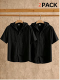 Men's Two-pc Linen Hooded Short-Sleeve Summer Solid Color Beach Vacation Loose Fit Casual Shirt - Black+black
