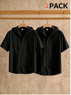 Men's Two-pc Linen Hooded Short-Sleeve Summer Solid Color Beach Vacation Loose Fit Casual Shirt - Black+black