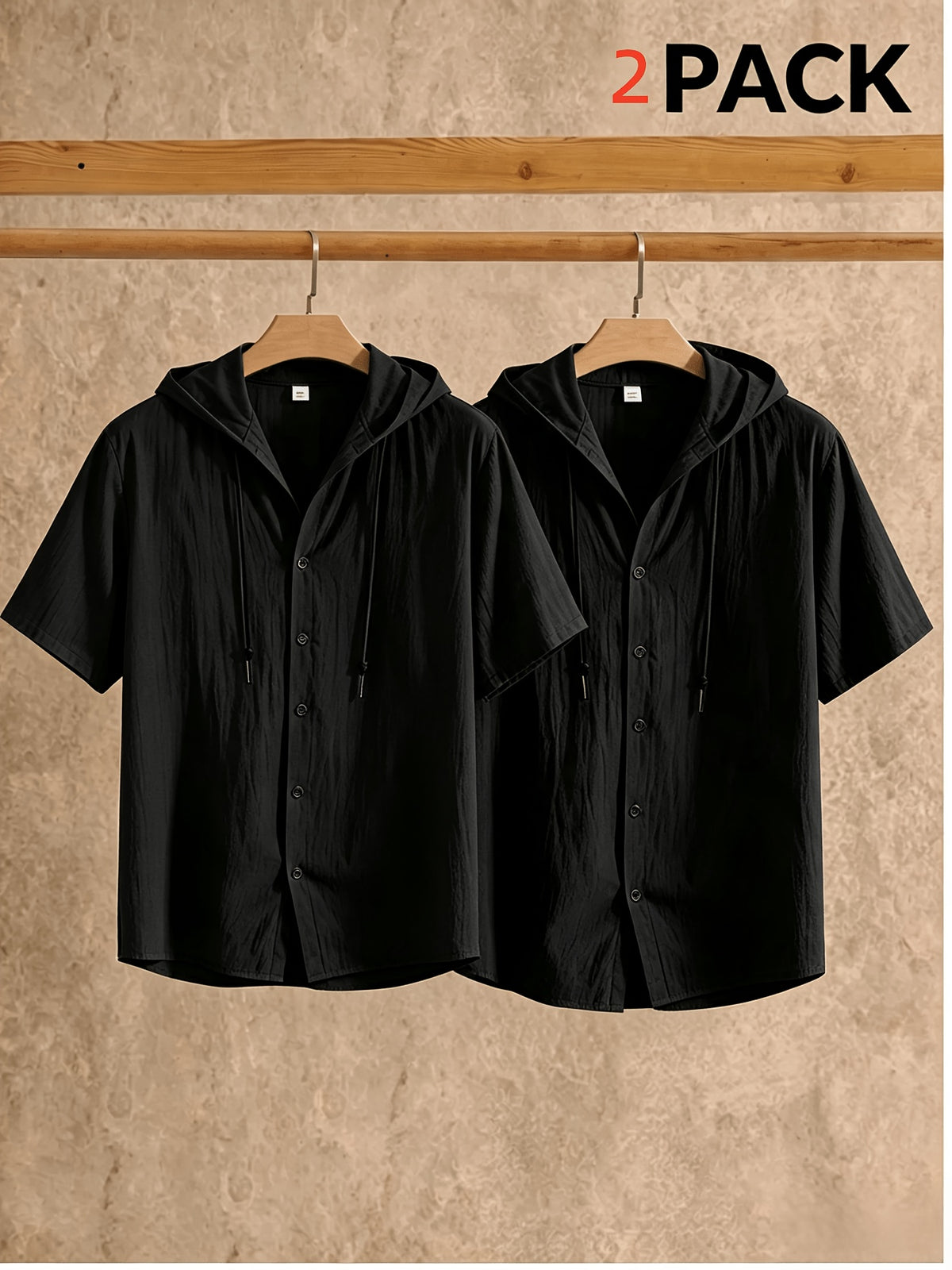 Men's Two-pc Linen Hooded Short-Sleeve Summer Solid Color Beach Vacation Loose Fit Casual Shirt - Black+black