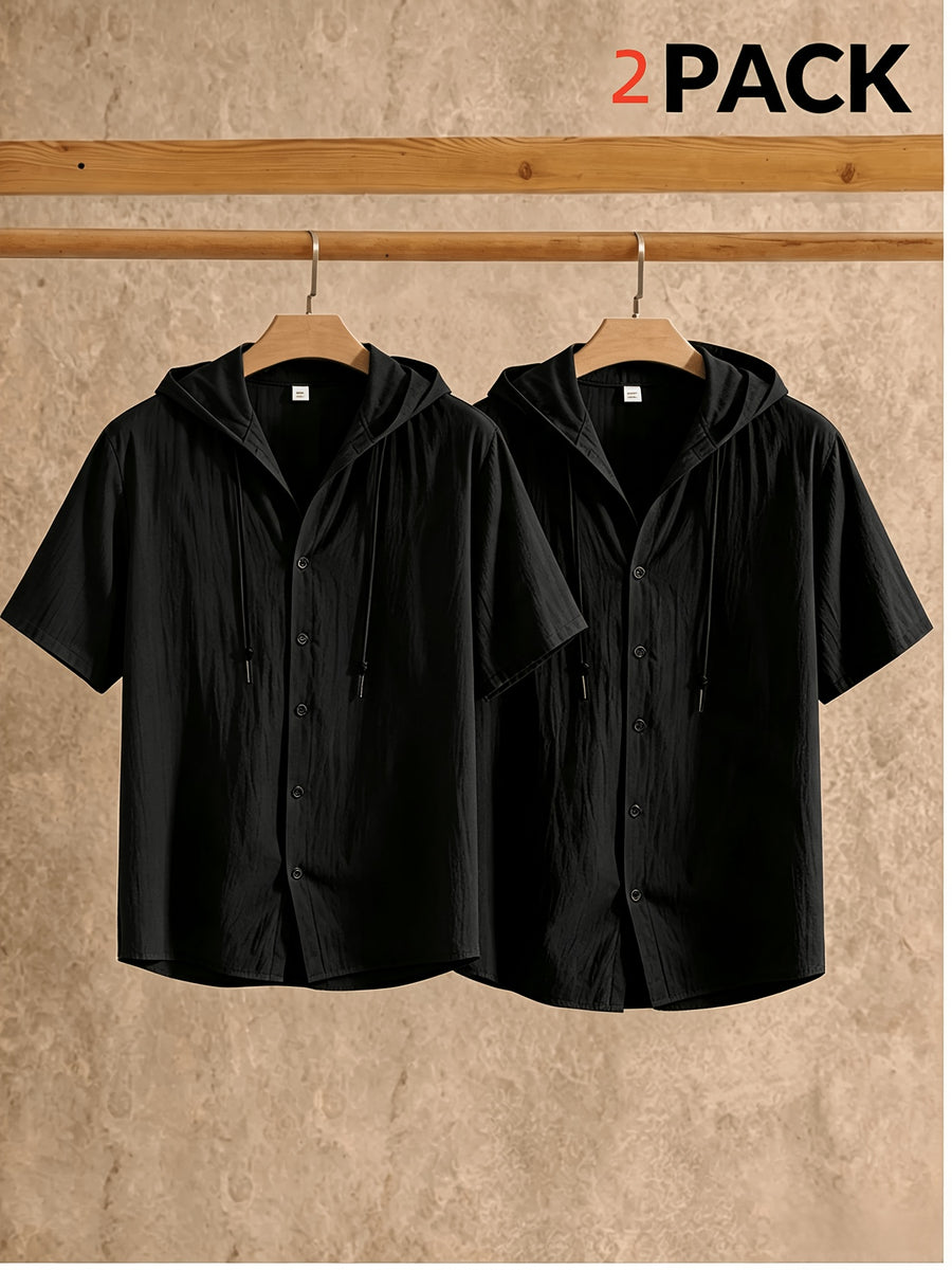 Men's Two-pc Linen Hooded Short-Sleeve Summer Solid Color Beach Vacation Loose Fit Casual Shirt - Black+black