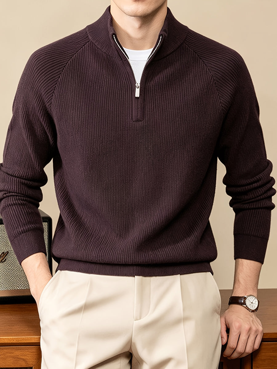 SINBOS Men's Half-Zip Stand Collar Sweater - Low-Saturation Earth Tones, Soft Ribbed Knit Zippered Cardigan, Stand Collar & Half-Zip Front Suitable for Business Casual & Minimalist Winter Wear, Autumn Winter Layering Piece - Purple