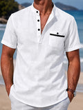 Men's Casual Solid Color 100% Cotton Short Sleeve Summer Button-Up Shirt, Round Neck Breathable Sweat-Absorbent Pure Cotton Pocket Print 100g Lightweight Shirt - Off-white