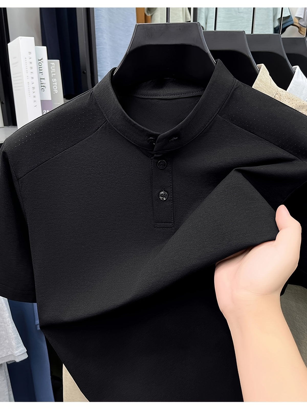 1 Men's Stand Collar Short Sleeve Polo Shirt, Suitable for Business Commutes and Daily Outings, Breathable, Moisture-Wicking, Loose Fit, Slimming, Casual Top, Basic T-Shirt for Middle-Aged and Younger Mature Men, Popular in Europe and America - Black