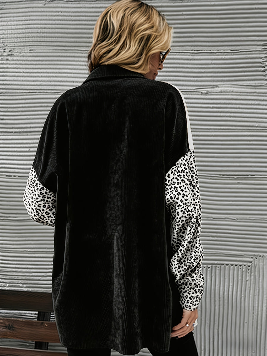 Autumn And Winter Leopard Print Corduroy Jacket, Mid-Length Long-Sleeved Jacket for Women - Black