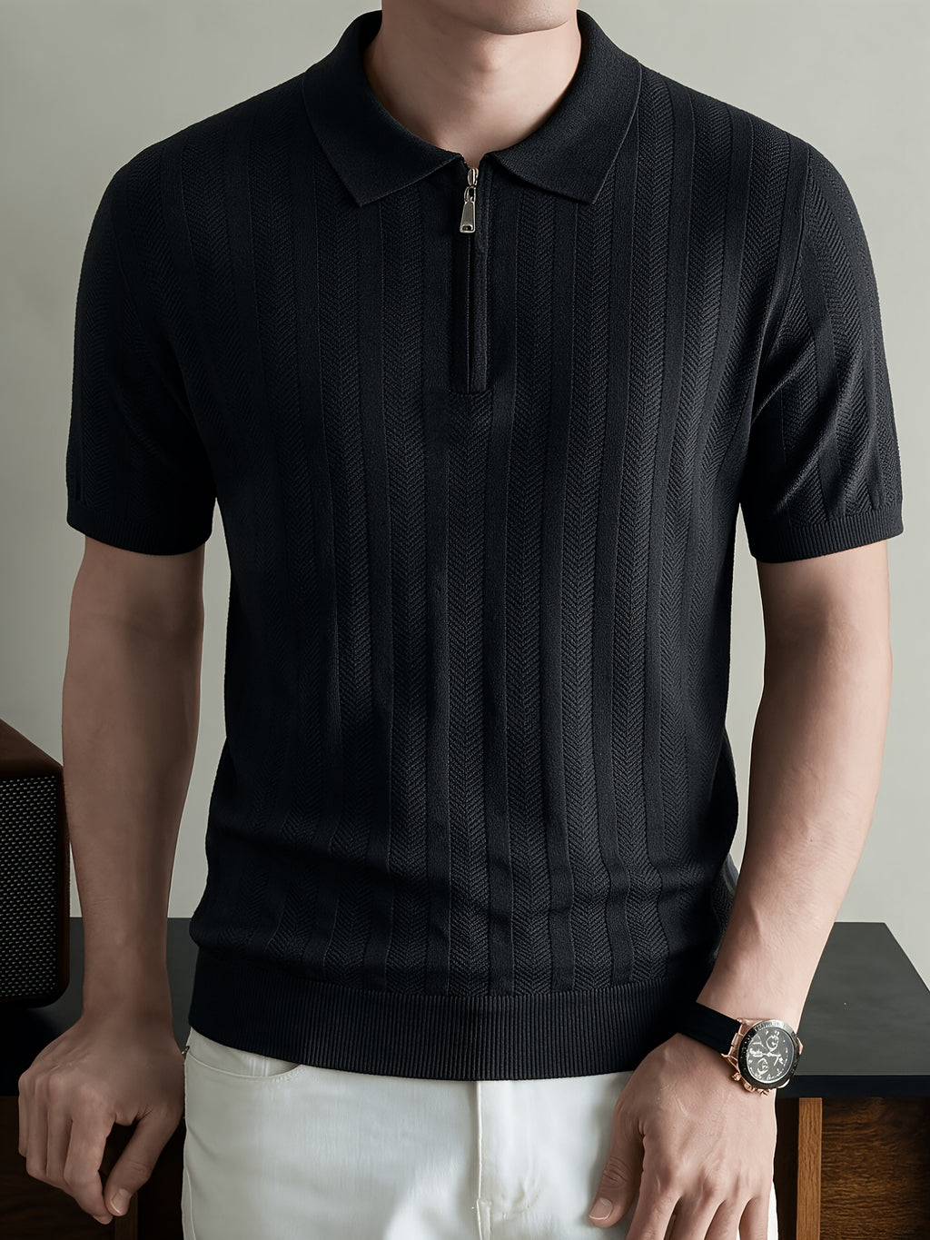 Brand Men'S Half-Zip Knitted Polo Shirt Short Sleeve Vertical Ribbed Texture Lapel Casual Summer Golf Polo Tee - Black