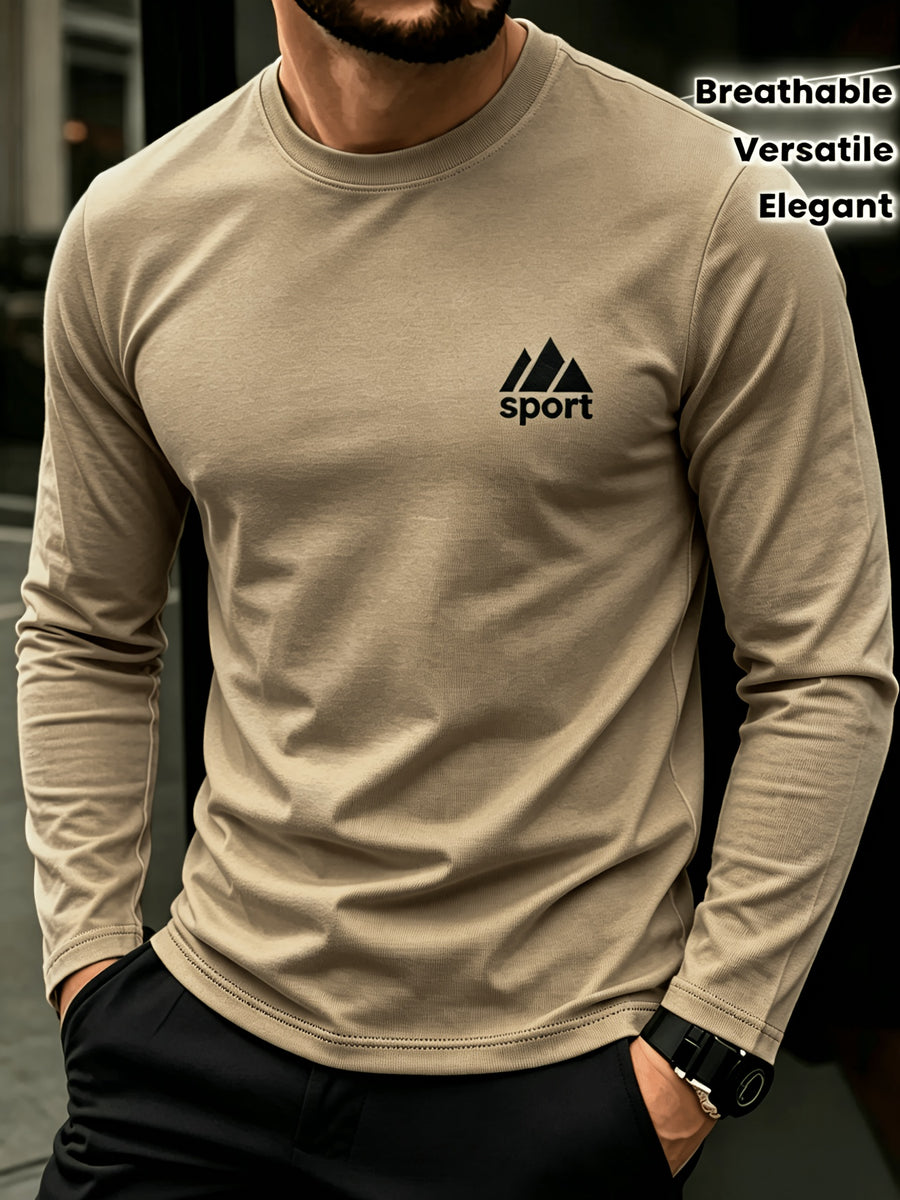Men'S Spring And Autumn Thin Knitted Classic Solid Color Long-Sleeve T-Shirt 1pc, Casual Sports All-Match Inner Wear Men'S Long-Sleeve Tops - Khaki