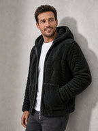 Men'S Plush Fleece Hooded Jacket, Full-Zip Long Sleeve Outerwear with Hand Pockets, Elastic Cuffs And Hem, Solid Color Textured Casual Jacket for Fall/Winter Daily Wear, Travel And Outdoor Activities - Black