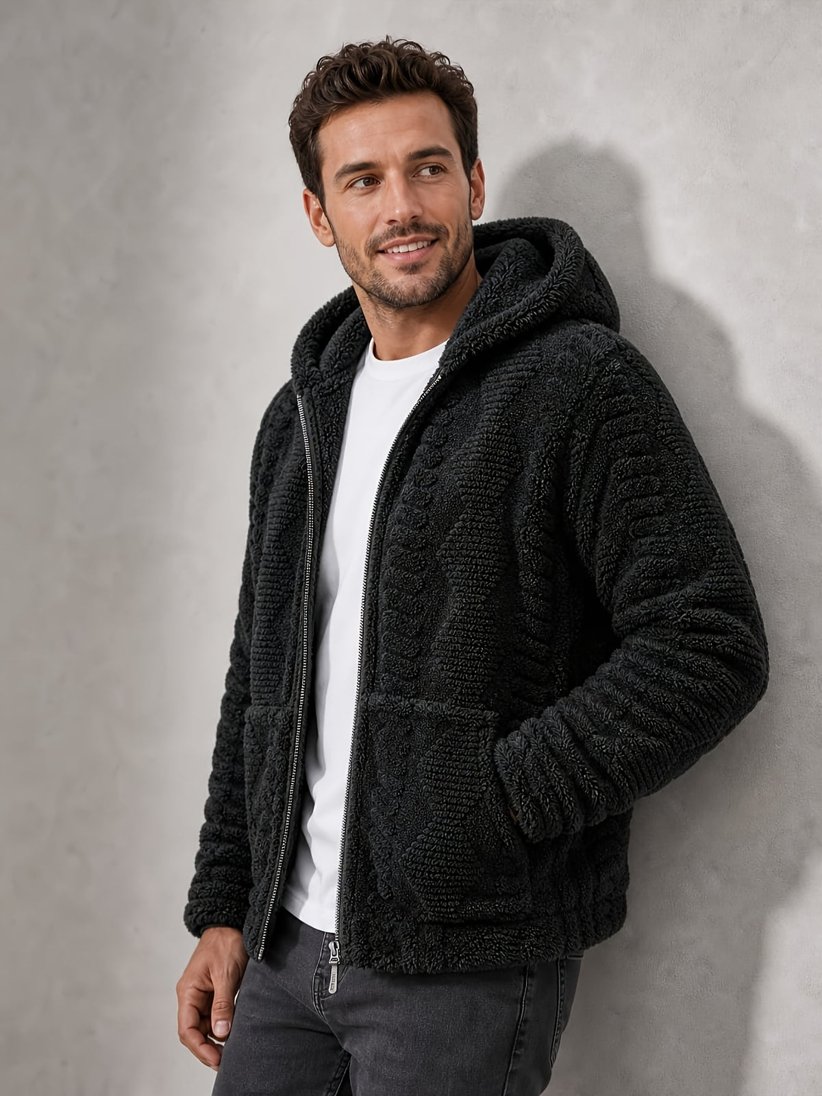 Men'S Plush Fleece Hooded Jacket, Full-Zip Long Sleeve Outerwear with Hand Pockets, Elastic Cuffs And Hem, Solid Color Textured Casual Jacket for Fall/Winter Daily Wear, Travel And Outdoor Activities - Black