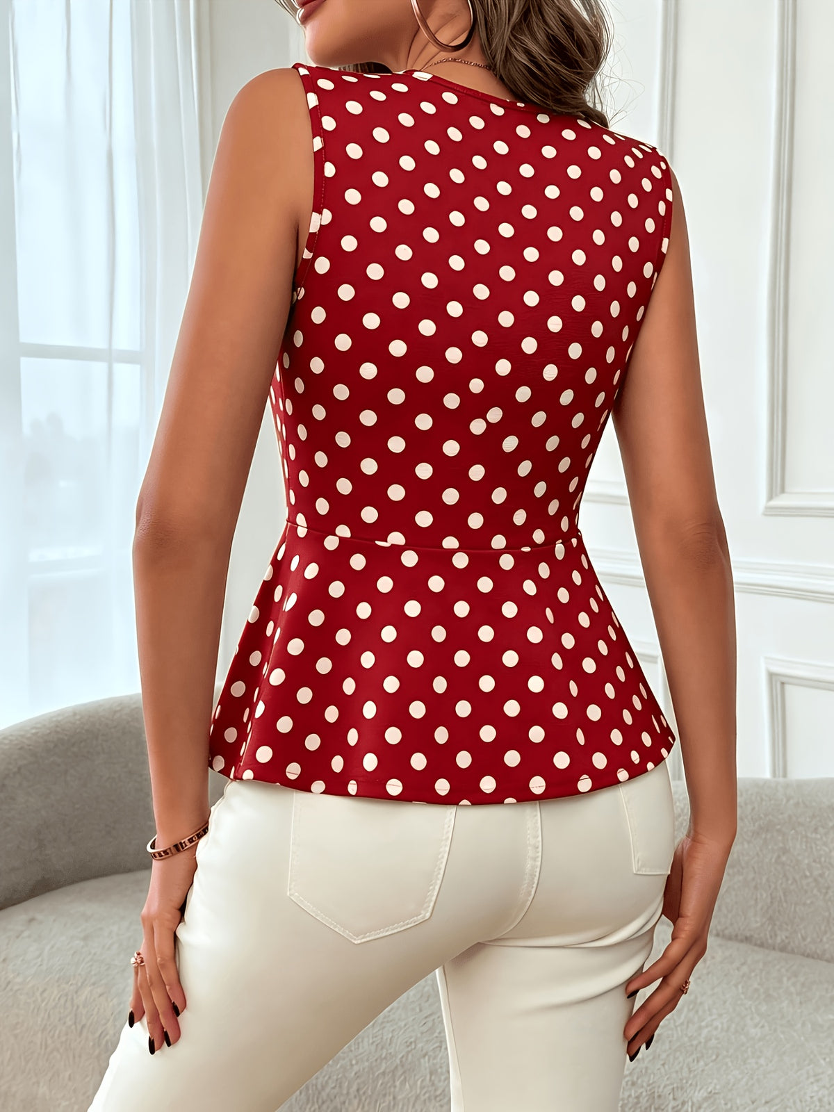 Women's Ruffle Hem Top, Elegant Polka Dot Print Vest, Suitable for Dates, Festivals, Commuting, and Vacation Wear - Red Polka Dot