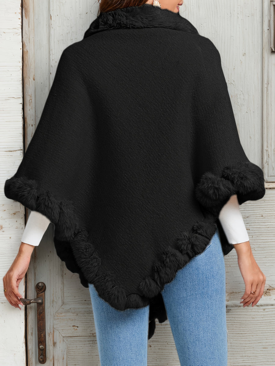 Elegant Special Edition "Pure Body Bust" - 1pc Elegant Women's Solid Color Waffle Shawl Pullover, 100% Polyester Fiber, Faux Trim Collar Patchwork, Stylish and Elegant European/American Style Warm Pullover, Suitable for Autumn/Winter - Black