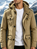 DIFFELEMENT Men's Outdoor Workwear Style Mid-Length Hooded Parka Coat with Fleece-Lined Thickened Lamb's Fleece Interior, Hood, Zipper, Button Double Front Closure, Windproof Multi-Pocket Design, Cold-Resistant, Wear-Resistant, and Warm Padded Coat - Khaki