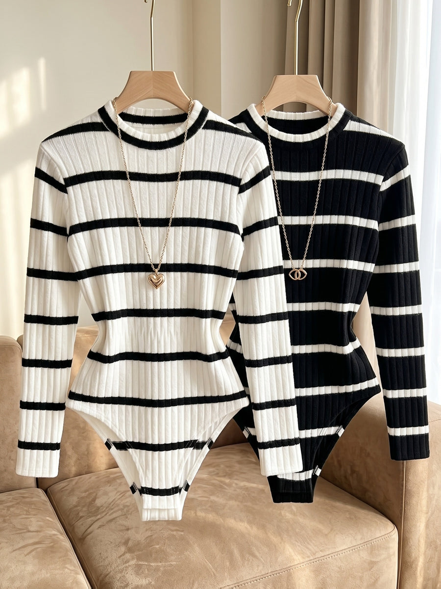Spring/Autumn 2pcs Set Niche Design Long Sleeve Striped Jumpsuit Women'S Striped Combination Half Turtleneck Slim Base Layer Outerwear Inner Wear Jumpsuit - White and black stripes + black and white stripes