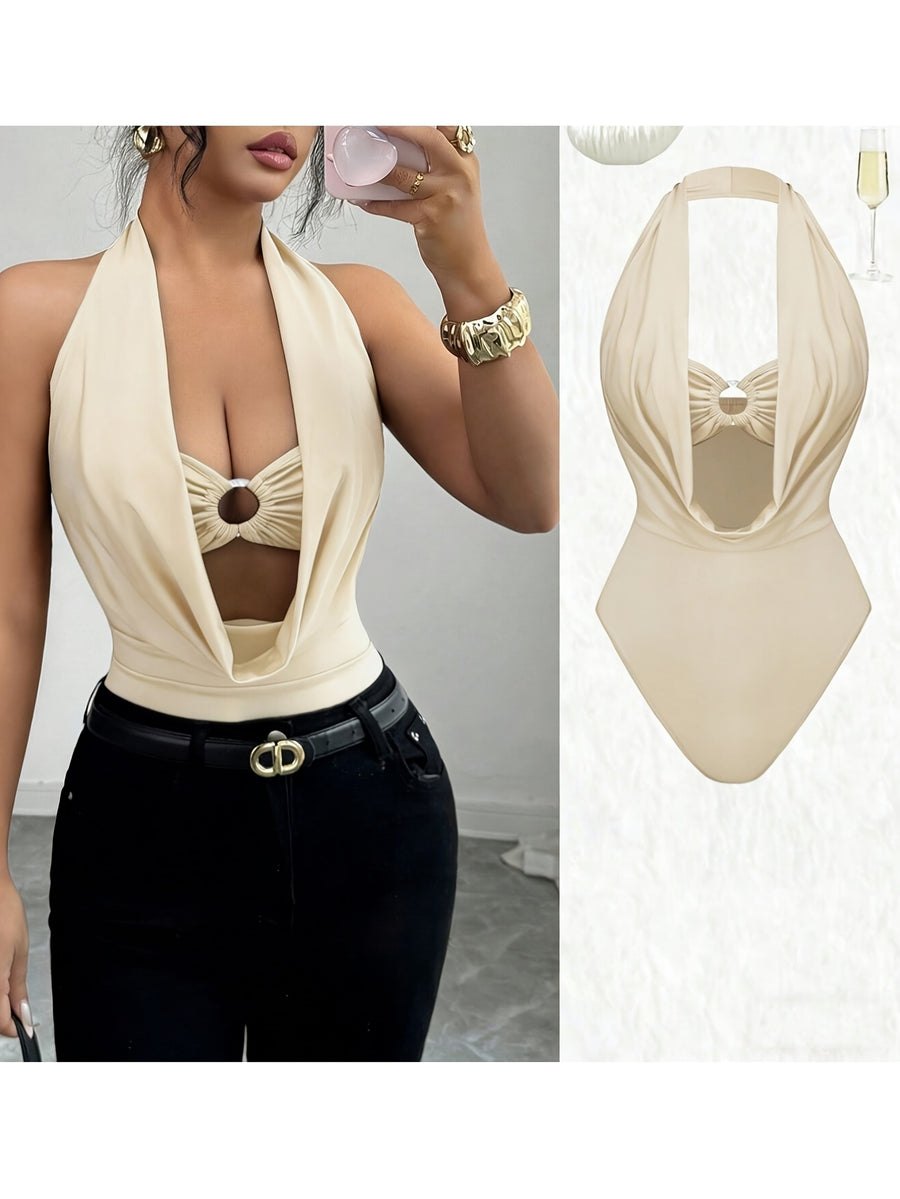 New Women's Solid Color Fashionable Summer Halter Neck Hollowed-out Bodysuit, Sexy Backless Tight-fitting Bodysuit, Slim Fit Bodysuit - Apricot Yellow