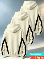 Men'S Three-Piece Casual Hooded Sweater Set, Featuring Contrast-Colored Spliced Sleeves with Drawstrings, Loose-Fitting Pullover Shirt, Long-Sleeved Sports Top for Daily Wear - Apricot + Apricot + Apricot