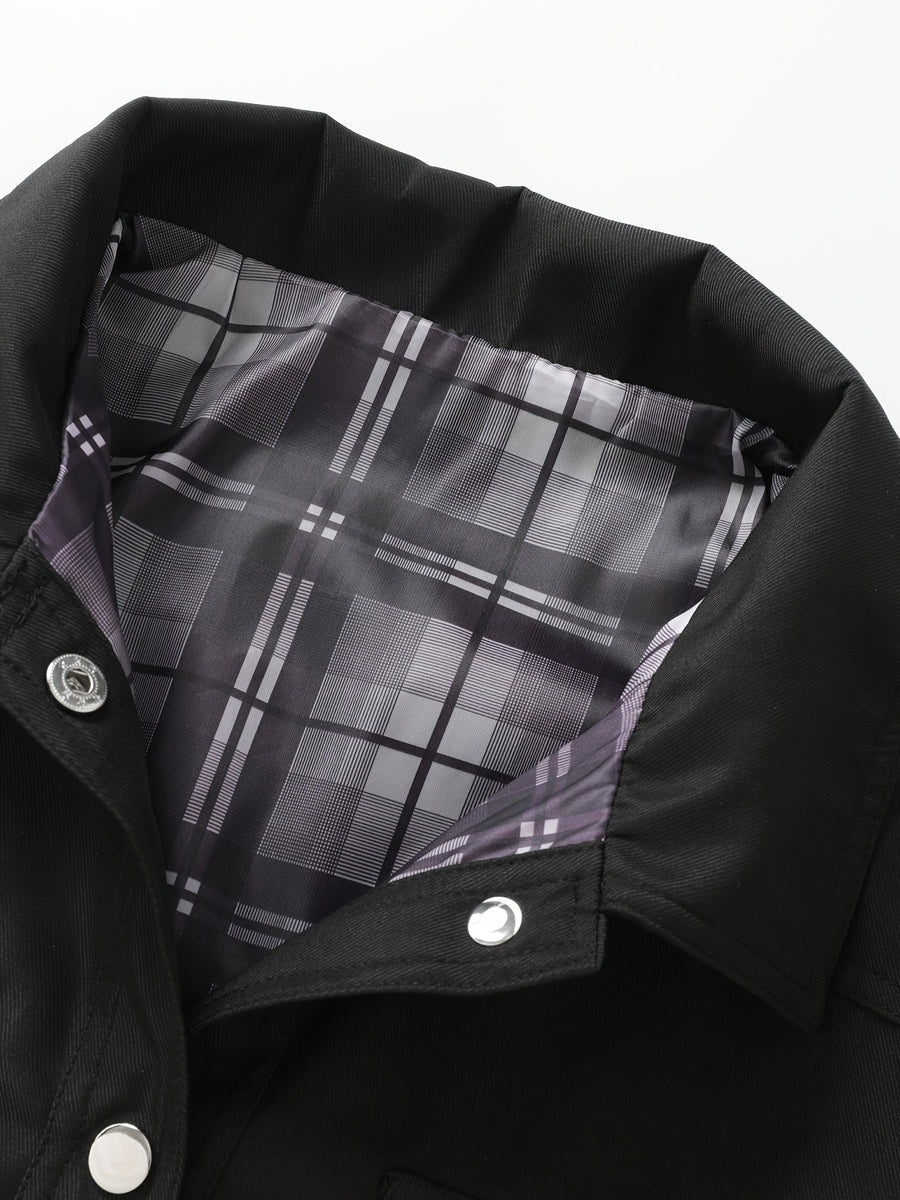 Men'S Casual Utility Shirt Jacket, Daily Commute Windproof Durable Twill Fabric Loose Collar Multi-Pocket Straight Cut Urban Outdoor Walking Street Style Metal Button Plaid Lining Long Sleeve Utility Coat - Black