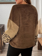 Women's Leopard Print Color Block Plush Sweatshirt - Soft Long Sleeve Round Neck Pullover, Machine Washable Fall Winter Fashion Top with Relaxed Fit & Cozy Warmth, Classic Sweater for Ladies, Comfortable Wear - Dark Brown