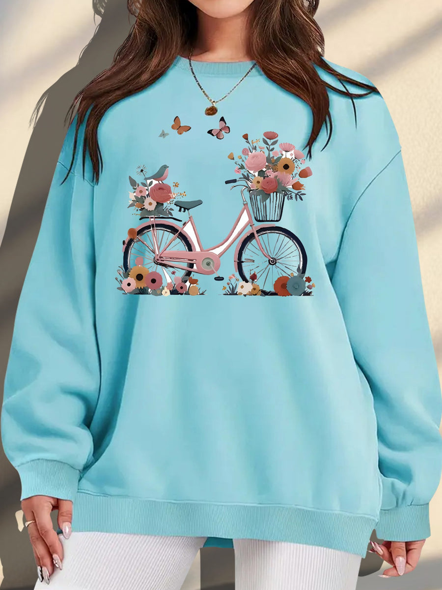 Plus Size, Extended Apparel: Women's Spring/Autumn/Winter Cross-Border European & American Plus-Size Simple Graphic Print Sweatshirt, Casual Crew Neck Sweatshirt, Women's Plus-Size Sweatshirt - Sky Blue