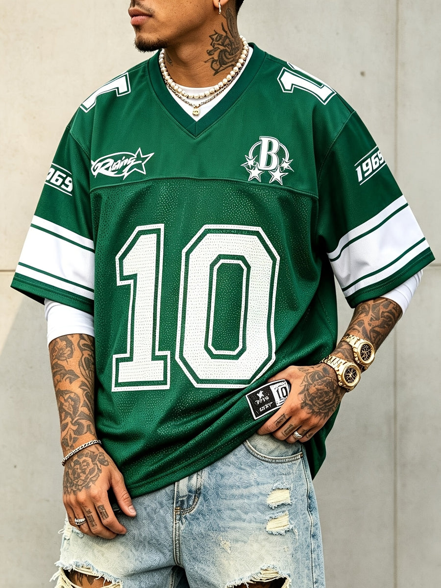 Men's Summer Casual Patterned Sports Short-Sleeve Football Jersey Style T-Shirt, Mesh Fabric Patchwork, Summer, School - Green
