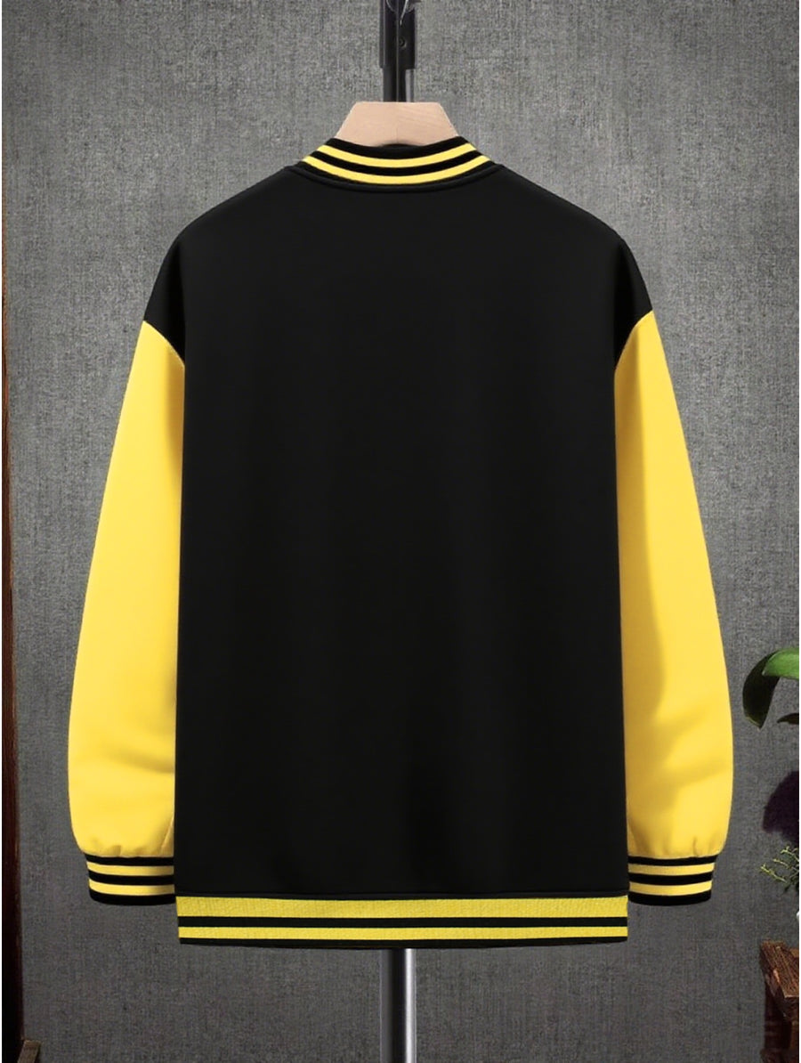 This Black And Gray Patchwork Baseball Jacket Features a Button Closure Design, with Black And White Striped Accents at The Collar And Cuffs. It Showcases Prominent Letter Prints And English Text Elements on The Chest - Black And Yellow