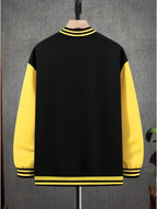 This Black And Gray Patchwork Baseball Jacket Features a Button Closure Design, with Black And White Striped Accents at The Collar And Cuffs. It Showcases Prominent Letter Prints And English Text Elements on The Chest - Black And Yellow