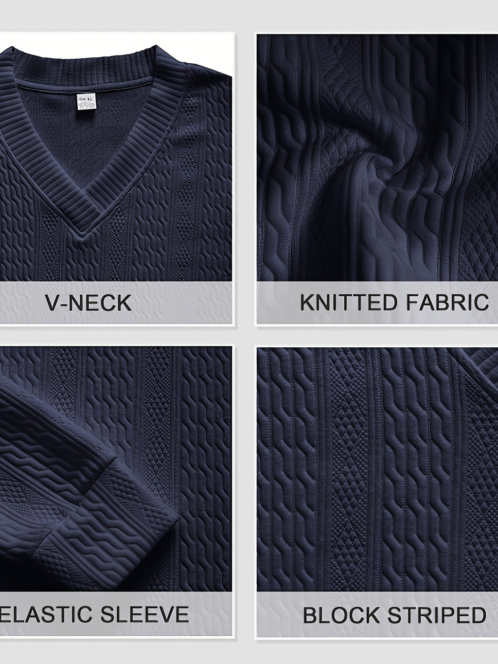 Fall Winter Men'S Casual Cable Knit Pullover, V-Neck Long Sleeve Textured Sweater with Ribbed Neckline, Cuffs, And Hem, Relaxed Everyday Top for Business Casual, Weekend, Dinner, Vacation, Travel, And Outdoor Walks - Navy Color