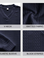 Fall Winter Men'S Casual Cable Knit Pullover, V-Neck Long Sleeve Textured Sweater with Ribbed Neckline, Cuffs, And Hem, Relaxed Everyday Top for Business Casual, Weekend, Dinner, Vacation, Travel, And Outdoor Walks - Navy Color
