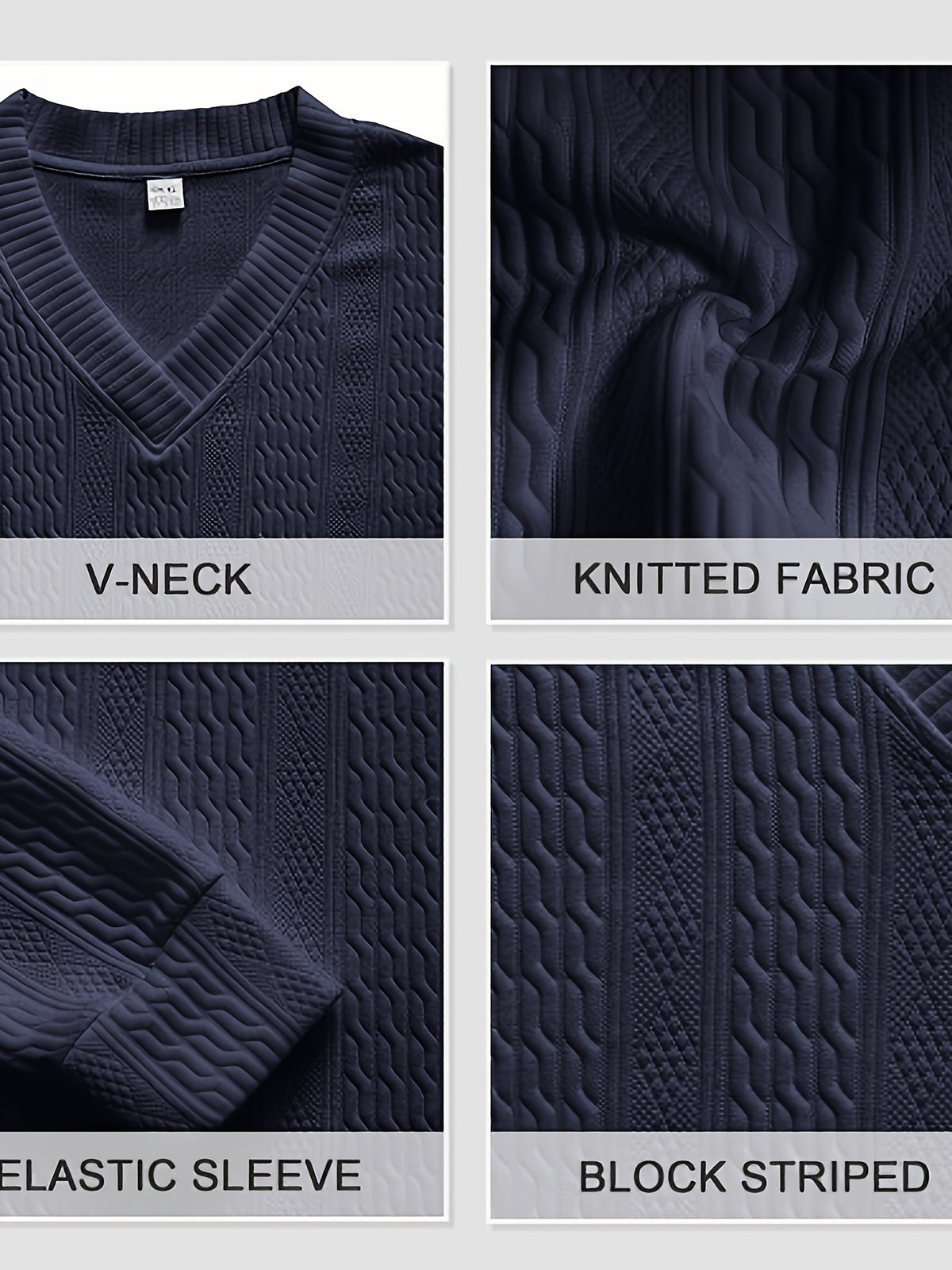 Fall Winter Men'S Casual Cable Knit Pullover, V-Neck Long Sleeve Textured Sweater with Ribbed Neckline, Cuffs, And Hem, Relaxed Everyday Top for Business Casual, Weekend, Dinner, Vacation, Travel, And Outdoor Walks - Navy Color
