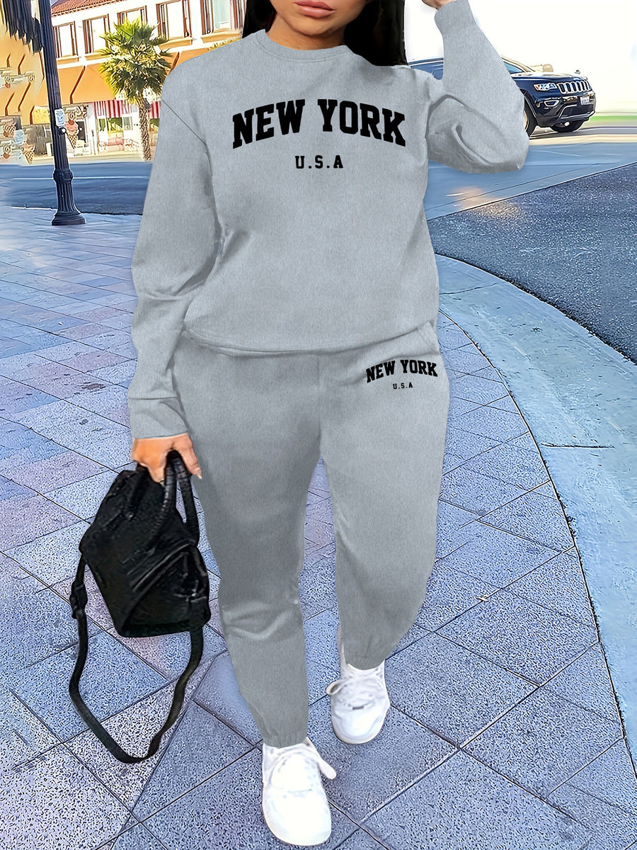 Women'S Two-Piece Set Featuring a Round Neck Sweatshirt And Pants, Designed with Prints, Suitable for Autumn And Winter with Fleece - Grey