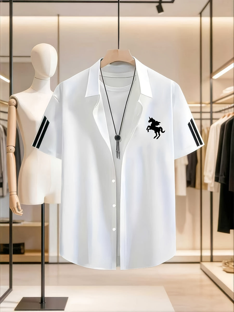 Men'S Solid Color Short Sleeve Shirt, Summer Lightweight Breathable Fabric, Classic Collar, Loose Fit, Textured Fabric, Suitable for Casual, Office & Weekend Wear, Short Sleeve Top, Non-Stretch Material, Durable Casualwear, Outdoor Casual - White