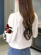Women'S Chic Floral Embroidered Short Sleeve Blouse with Lapel Collar - Summer Fashion, White Shirt with Red Roses and Green Leaves Design, Elegant Shirt - White