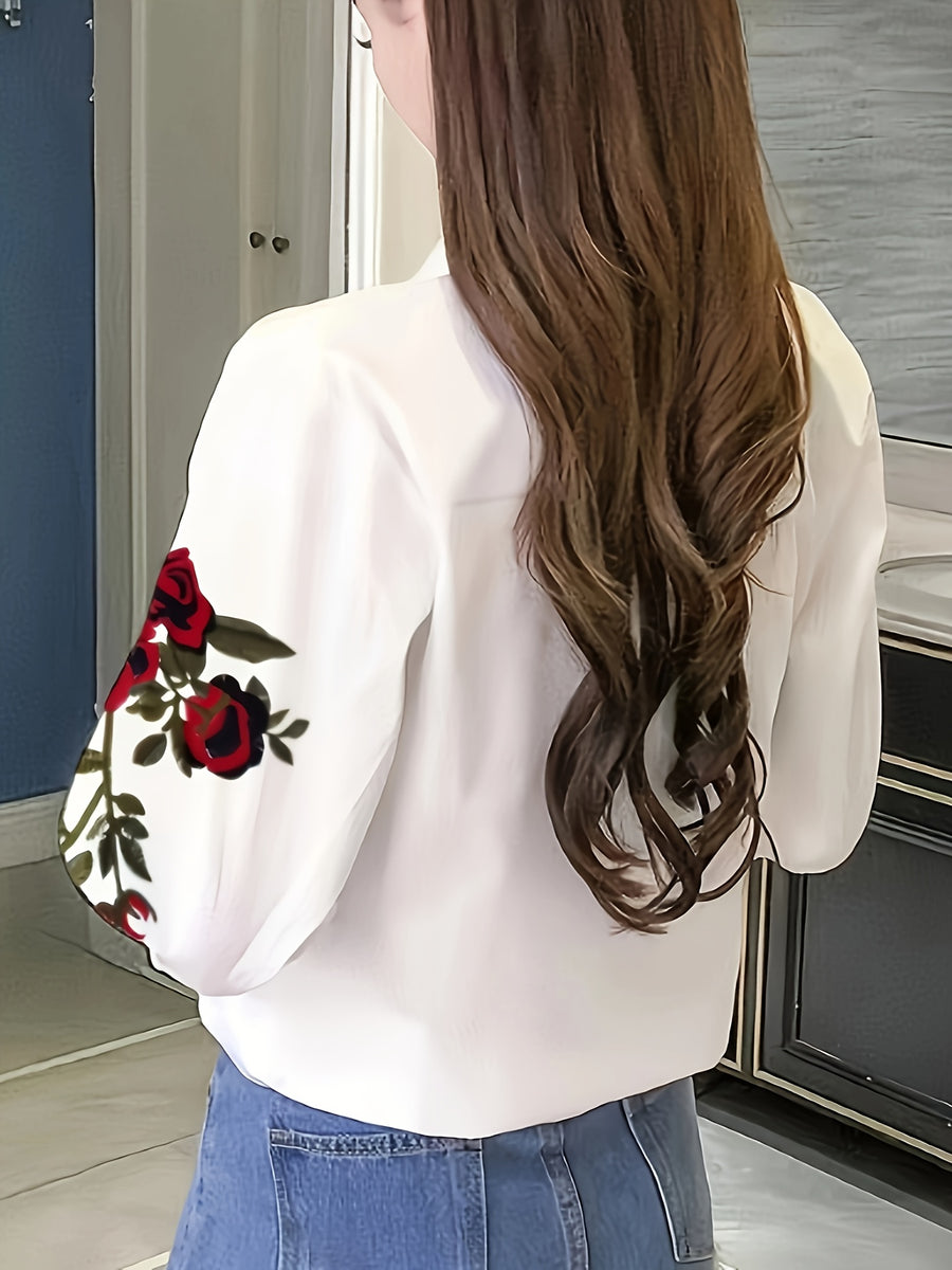 Women'S Chic Floral Embroidered Short Sleeve Blouse with Lapel Collar - Summer Fashion, White Shirt with Red Roses and Green Leaves Design, Elegant Shirt - White