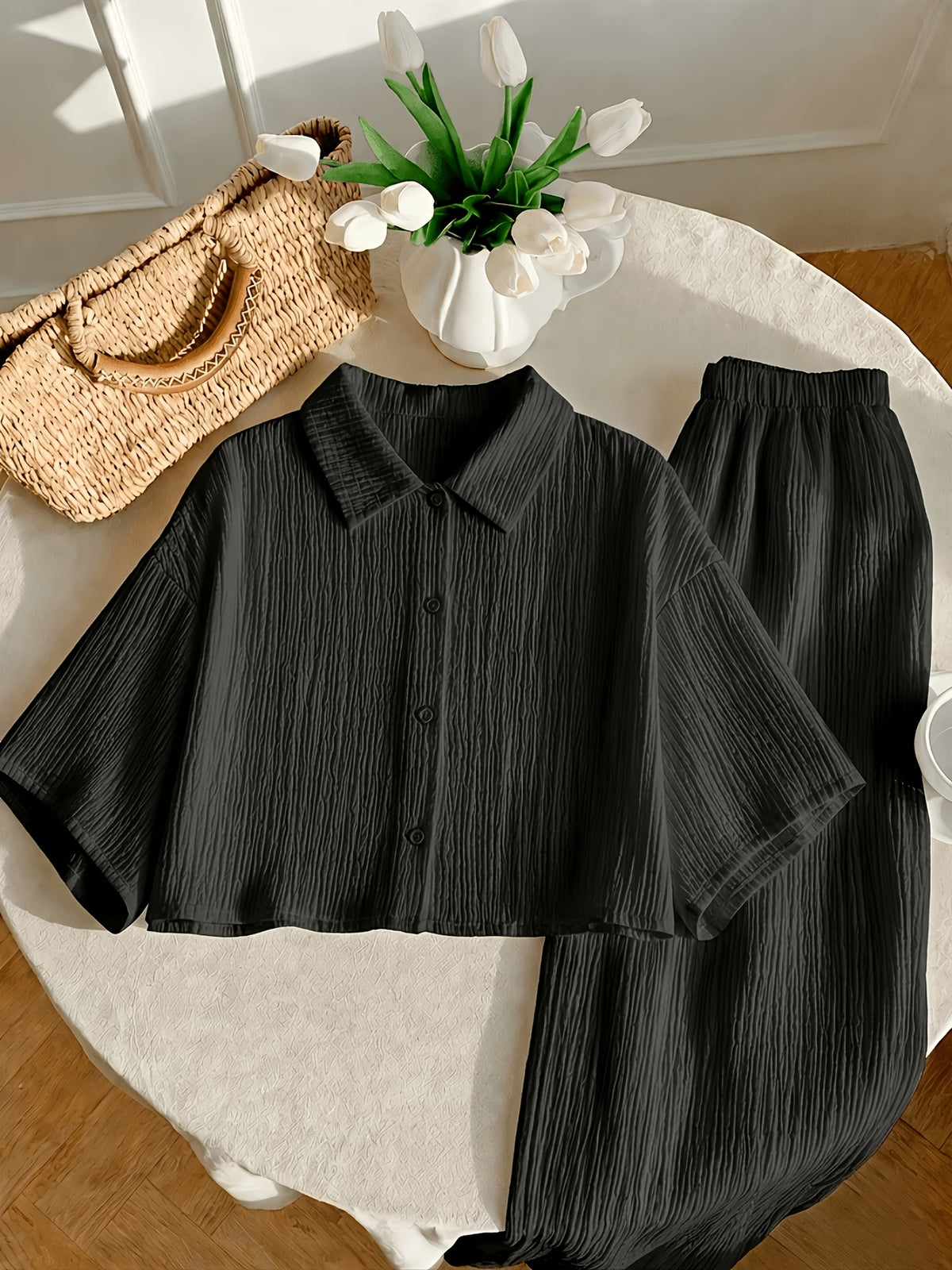 Plus Size, Plus Size - New Spring/Summer Solid Color Wrinkled Short Lapel Shirt and Elastic Waist Wide-Leg Pants 2pcs Set - Casual Loungewear Vacation Outfit - Black