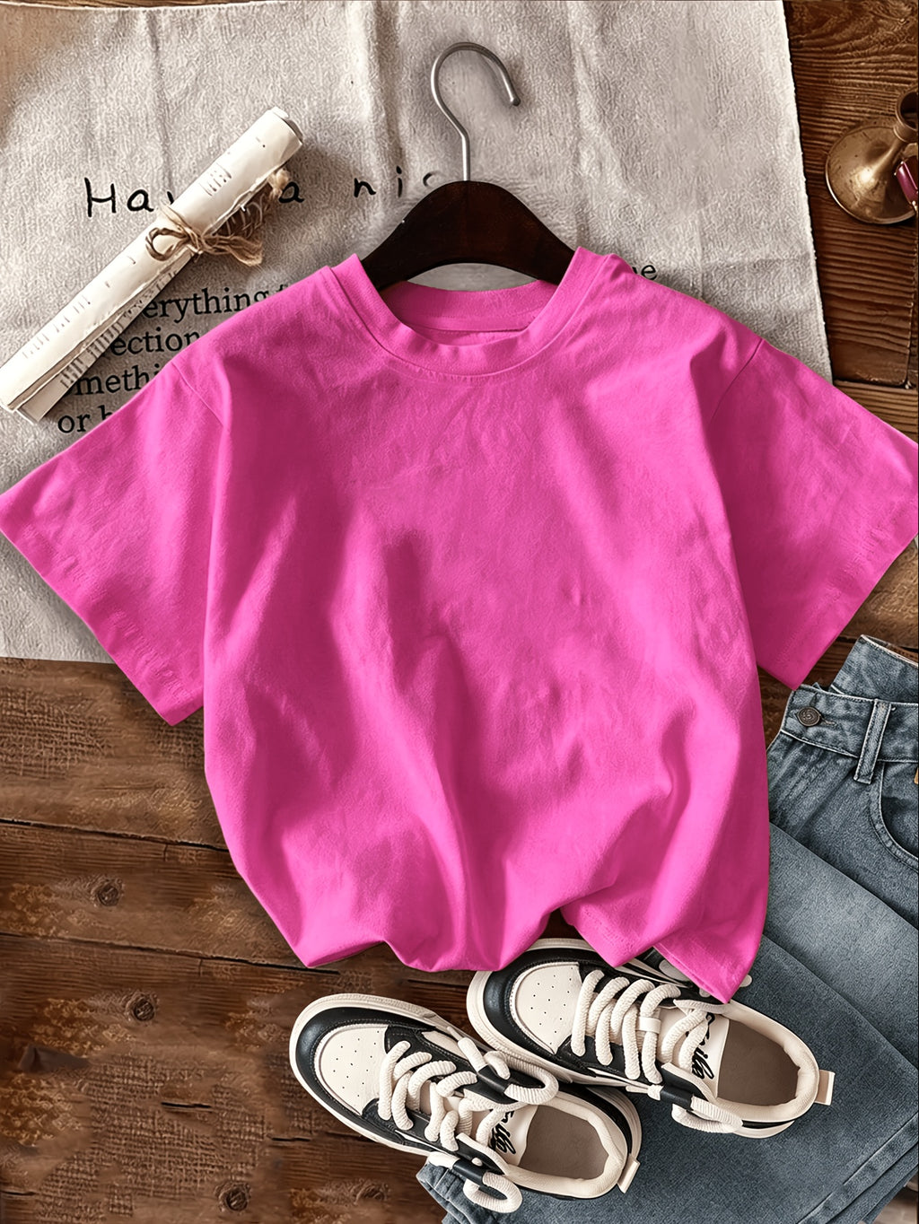 Graphic Print T-shirt, Short Sleeve Crew Neck Casual Top for Summer & Spring, Women's Clothing - Rose Red