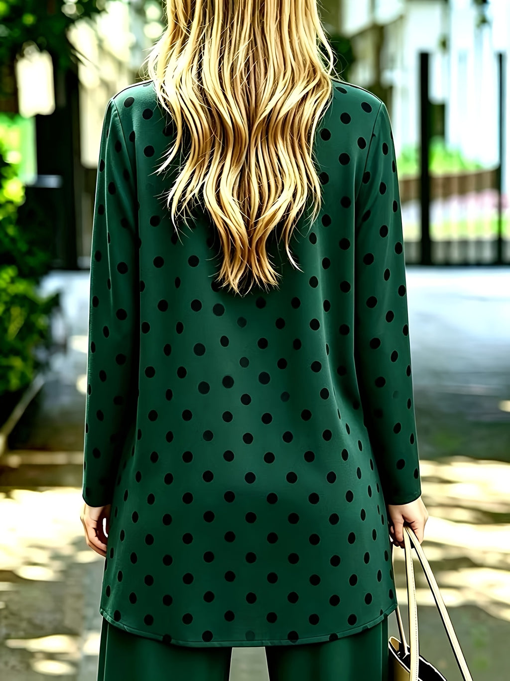 Plus Size, Plus-size Women's Casual 3pcs Set: A Casual and Comfortable Solid-color Vest, a Polka-dot Print Long-sleeve Cardigan, and Loose-fitting Casual Trousers, Stylish Leisurewear - Dark Green