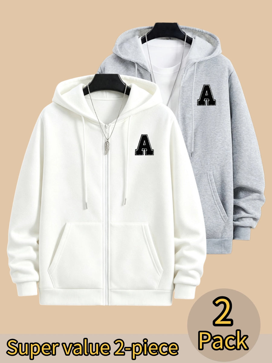 50% Cotton, 50% Polyester, 2-Pack Men's Zippered Hooded Fleece-Lined Sweatshirt, Men's Clothing, Long-Sleeve Fleece Jacket, Zippered Top, Hooded Sweatshirt, Pockets, Drawstring, Suitable for Outings, Casual Wear, Back-to-School Season - White+Light Grey