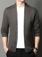 Xingmengzhi OBM 2025 Spring/Autumn New Striped Sweater Coat with Wool Long Sleeve Cardigan for Men, Business Casual Knitwear - Coffee Color
